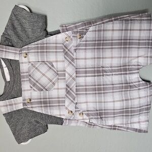 F.A.O Newborn size short plaid overalls with Gray short sleeve tee NWT